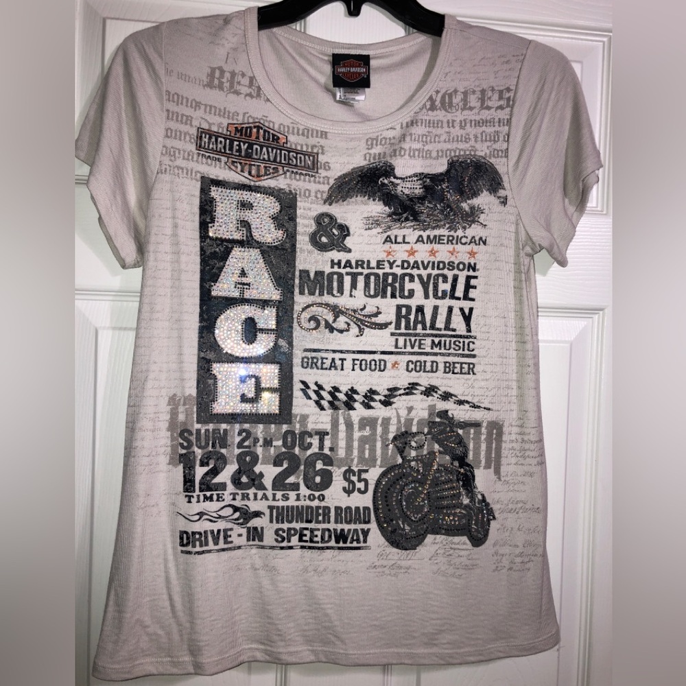 NWOT Harley-Davidson Graphic shirt beige WITH RHINESTONES SZ M
